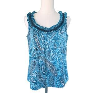 ST JOHN Couture Silk Sleeveless Top Medium Aqua Turquoise Paisley Ruffle Tank